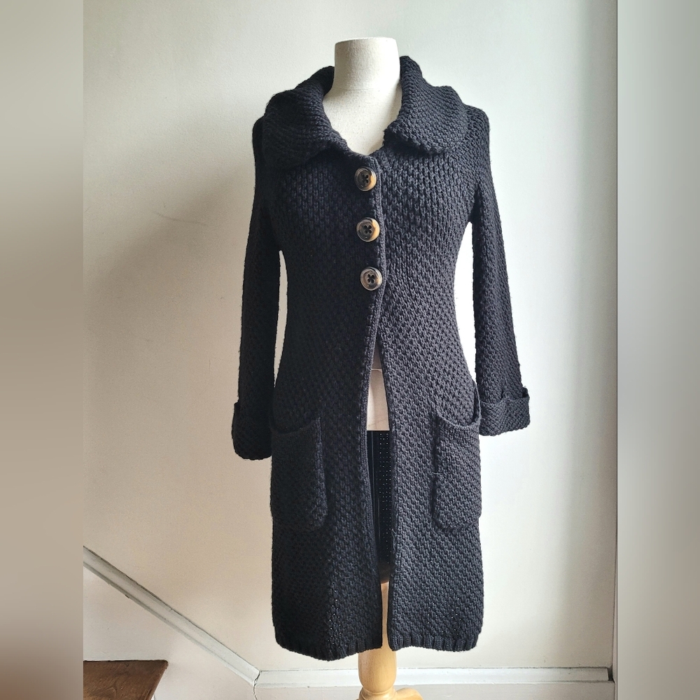 SET 100% Wool  Long Chunky Knit Cardigan Coatigan Coat Black Small
